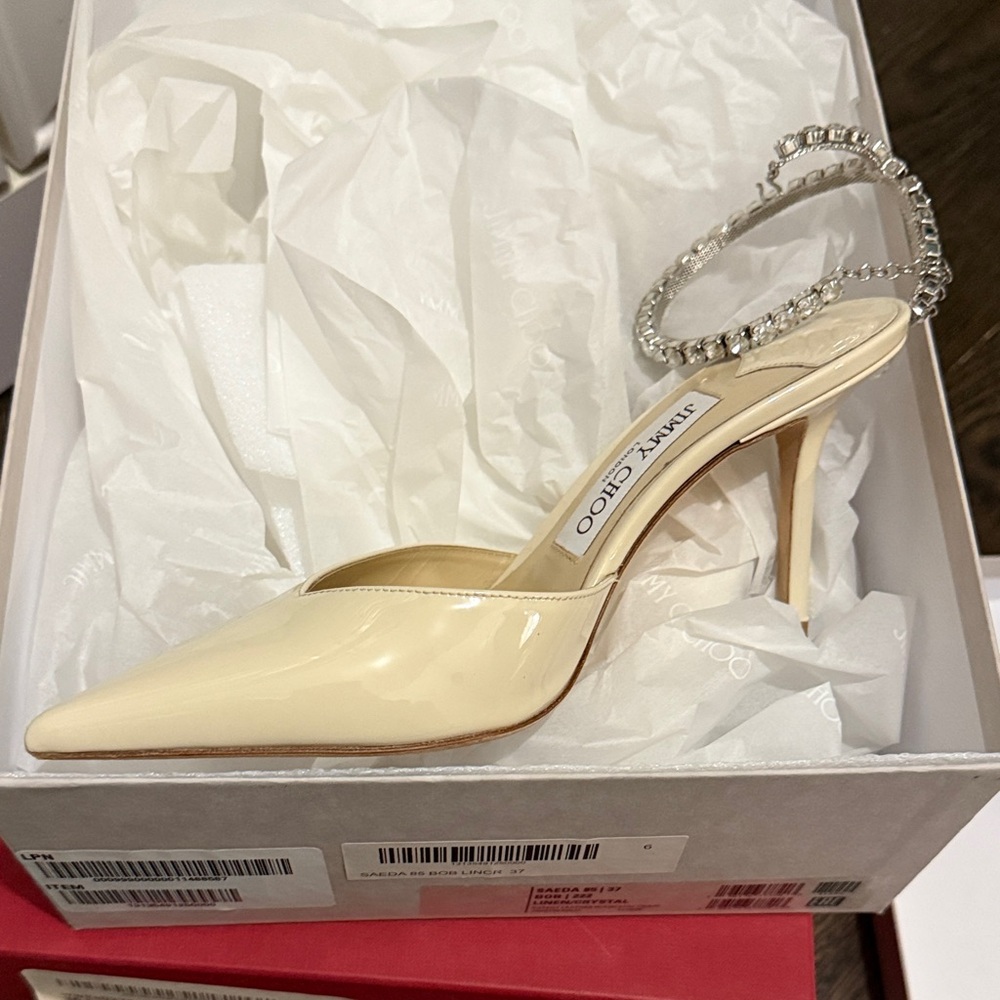 Jimmy Choo 37 Off white  Heels with Crystal Ankle Strap style: Saeda 85